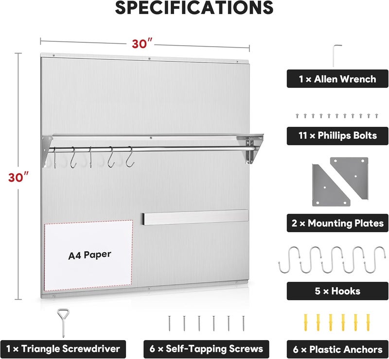 Wilprep Store Range Backsplash, 30"x30" Stainless Steel Backsplash with Storage Shelf & Magnetic Knife Rack, Range Hood Stainless Steel Backsplash for Stove, Range Hood Wall Shield with Pre-Drilled Holes - Image 3